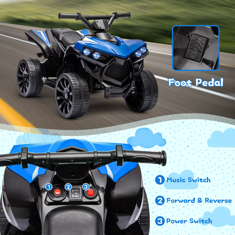 Kids Blue Ride-On ATV with 1.8 MPH Max Speed, LED Lights, and Foot Pedal Control Magic Cars 3