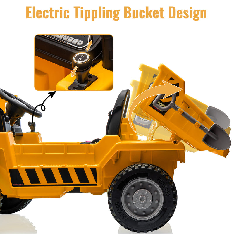 Kids Ride-On Yellow Dump Truck with Remote Control and Extra Shovel Magic Cars 3