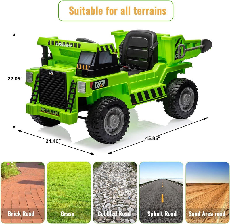 Green Ride-On Dump Truck with Remote Control and Extra Shovel for Kids Magic Cars 3