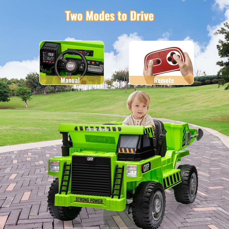 Green Ride-On Dump Truck with Remote Control and Extra Shovel for Kids Magic Cars 5