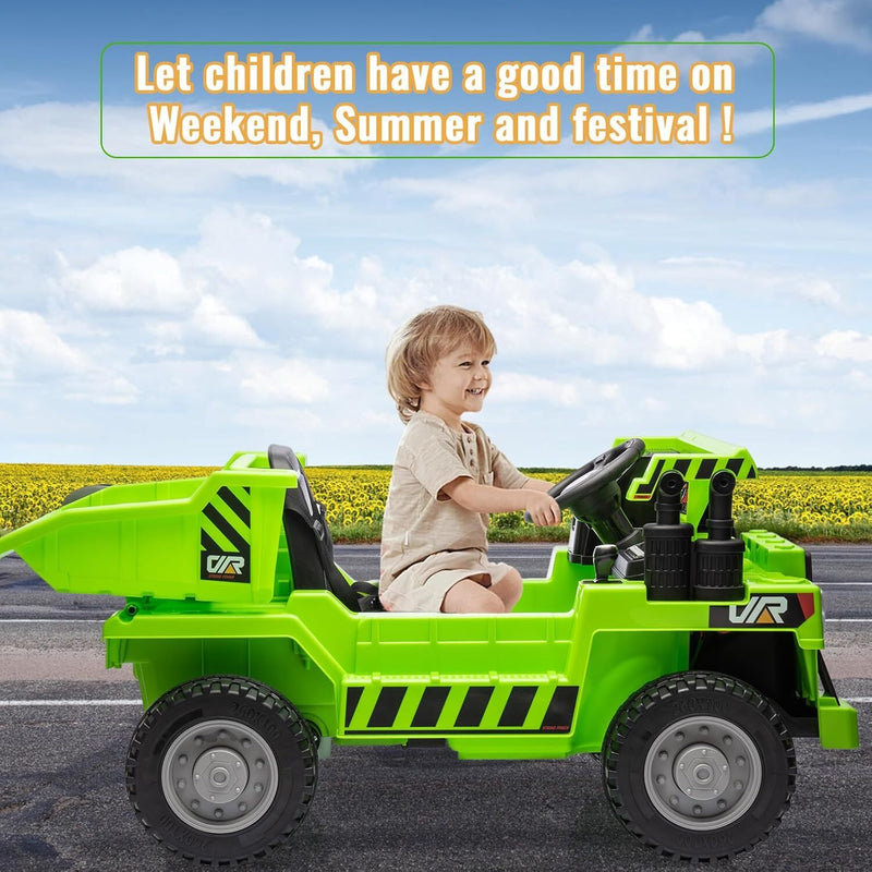 Green Ride-On Dump Truck with Remote Control and Extra Shovel for Kids Magic Cars 6