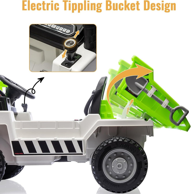 Kids Ride-On Green Dump Truck with Remote Control, Extra Shovel, and Music Features Magic Cars 2