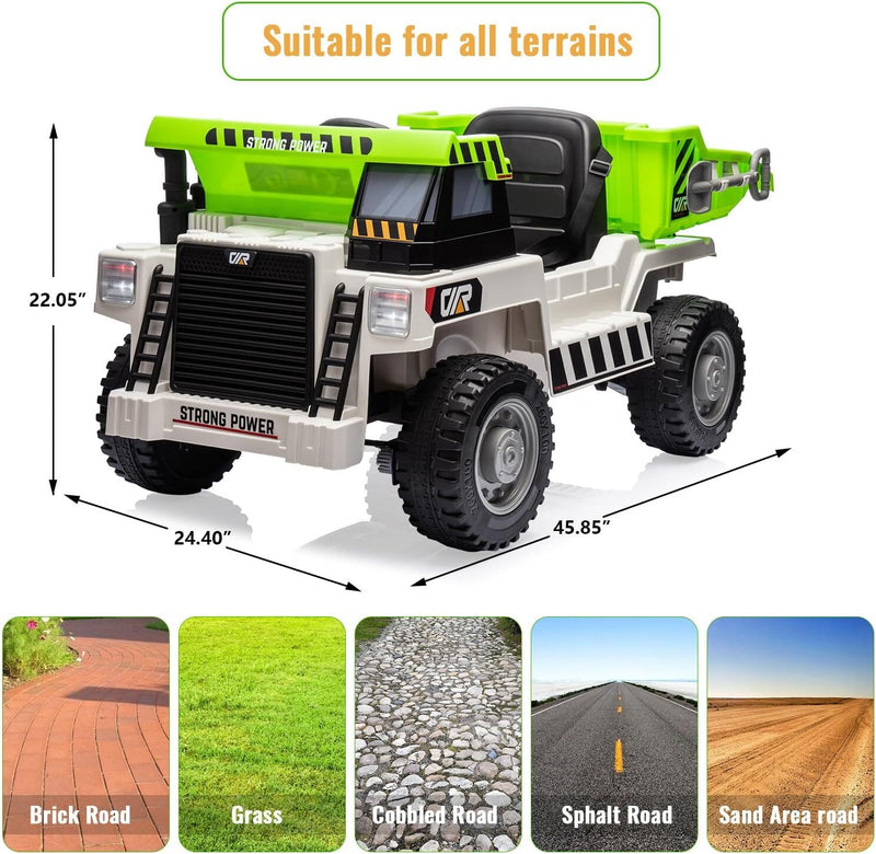 Kids Ride-On Green Dump Truck with Remote Control, Extra Shovel, and Music Features Magic Cars 3