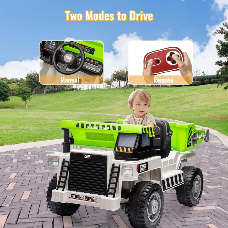 Kids Ride-On Green Dump Truck with Remote Control, Extra Shovel, and Music Features Magic Cars 5