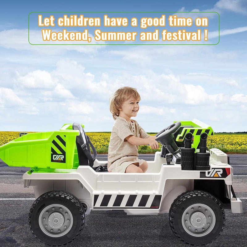 Kids Ride-On Green Dump Truck with Remote Control, Extra Shovel, and Music Features Magic Cars 6