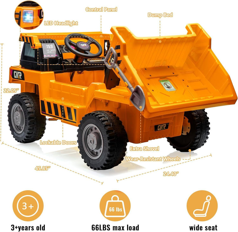 Orange Ride-On Dump Truck with Remote Control and Extra Shovel for Kids Magic Cars 1