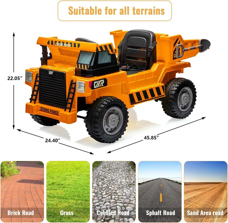 Orange Ride-On Dump Truck with Remote Control and Extra Shovel for Kids Magic Cars 3