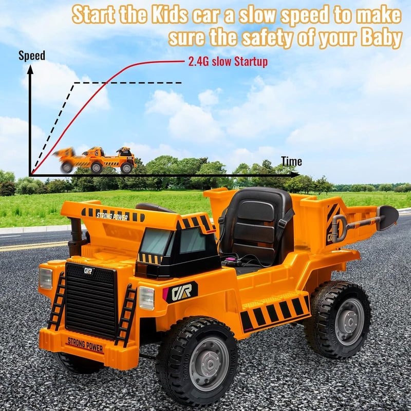 Orange Ride-On Dump Truck with Remote Control and Extra Shovel for Kids Magic Cars 4
