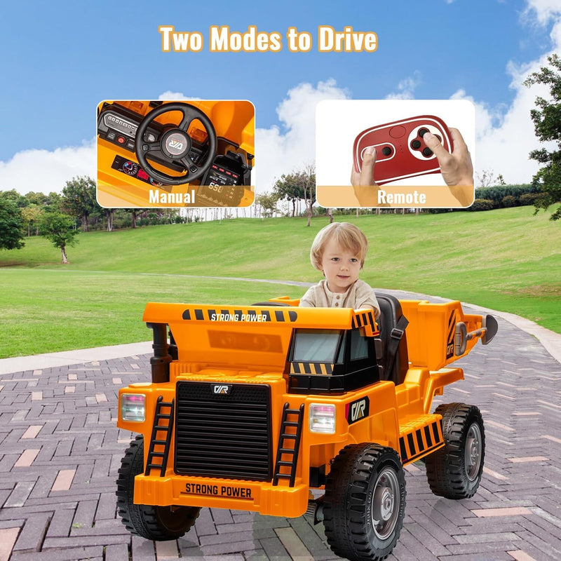 Orange Ride-On Dump Truck with Remote Control and Extra Shovel for Kids Magic Cars 5