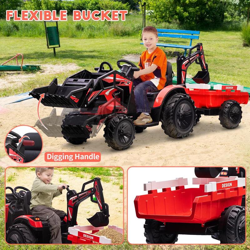 Electric Ride-On Excavator and Bulldozer Vehicle with Trailer for Kids Magic Cars 4