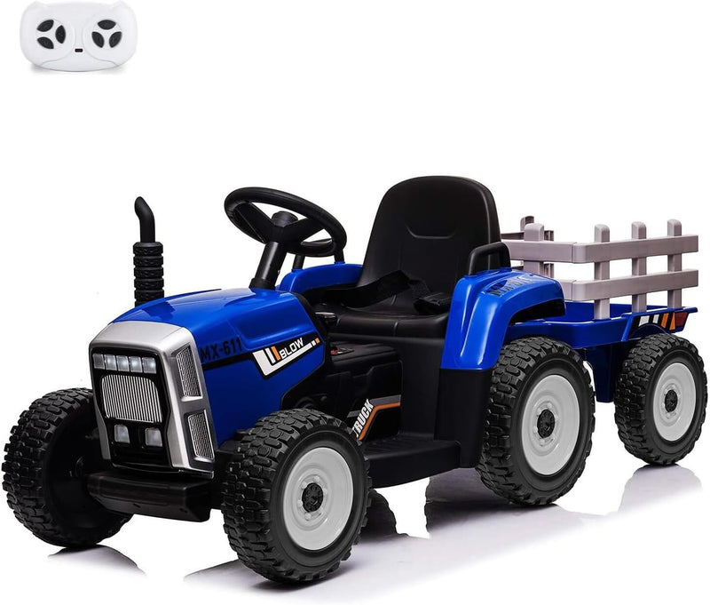 Kids Blue Ride-On Tractor with Trailer, Remote Control, and Headlights Magic Cars 0
