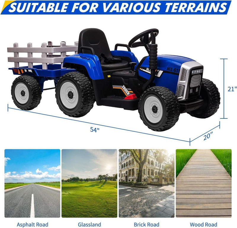 Kids Blue Ride-On Tractor with Trailer, Remote Control, and Headlights Magic Cars 1