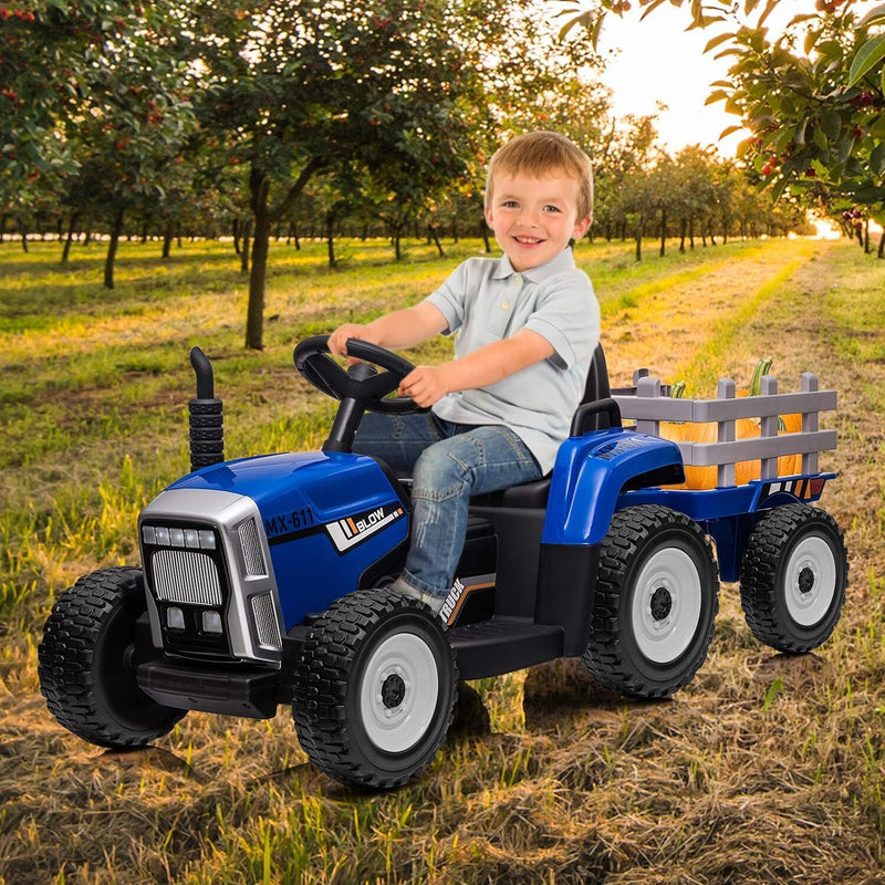 Kids Blue Ride-On Tractor with Trailer, Remote Control, and Headlights Magic Cars 2