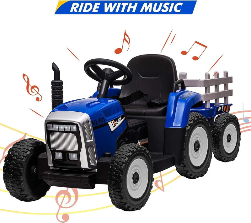 Kids Blue Ride-On Tractor with Trailer, Remote Control, and Headlights Magic Cars 3