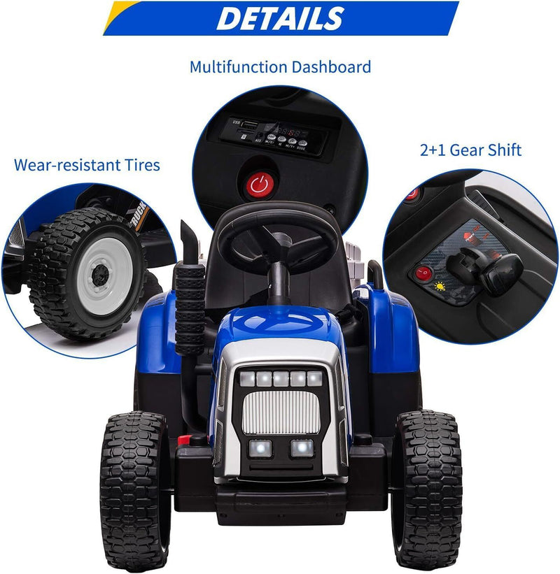 Kids Blue Ride-On Tractor with Trailer, Remote Control, and Headlights Magic Cars 5