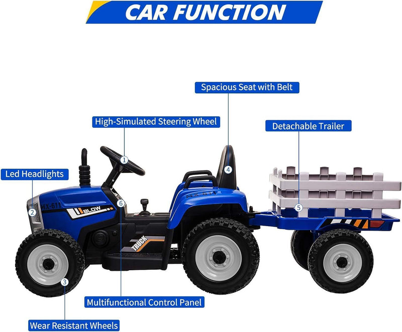 Kids Blue Ride-On Tractor with Trailer, Remote Control, and Headlights Magic Cars 6