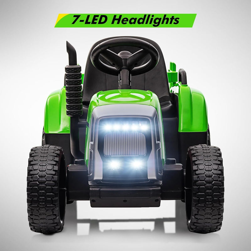 Kids Green Ride-On Tractor with Trailer, Remote Control, and Headlights Magic Cars 2