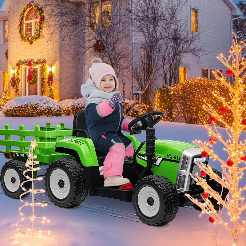 Kids Green Ride-On Tractor with Trailer, Remote Control, and Headlights Magic Cars 6