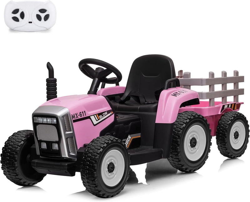 Kids Pink Ride-On Tractor Car with Trailer, Remote Control, and Headlights Magic Cars 0