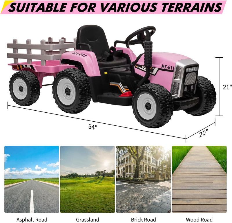 Kids Pink Ride-On Tractor Car with Trailer, Remote Control, and Headlights Magic Cars 1