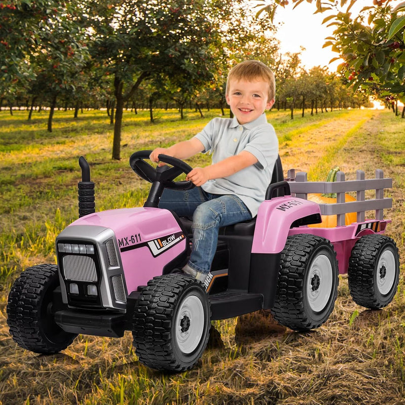 Kids Pink Ride-On Tractor Car with Trailer, Remote Control, and Headlights Magic Cars 2