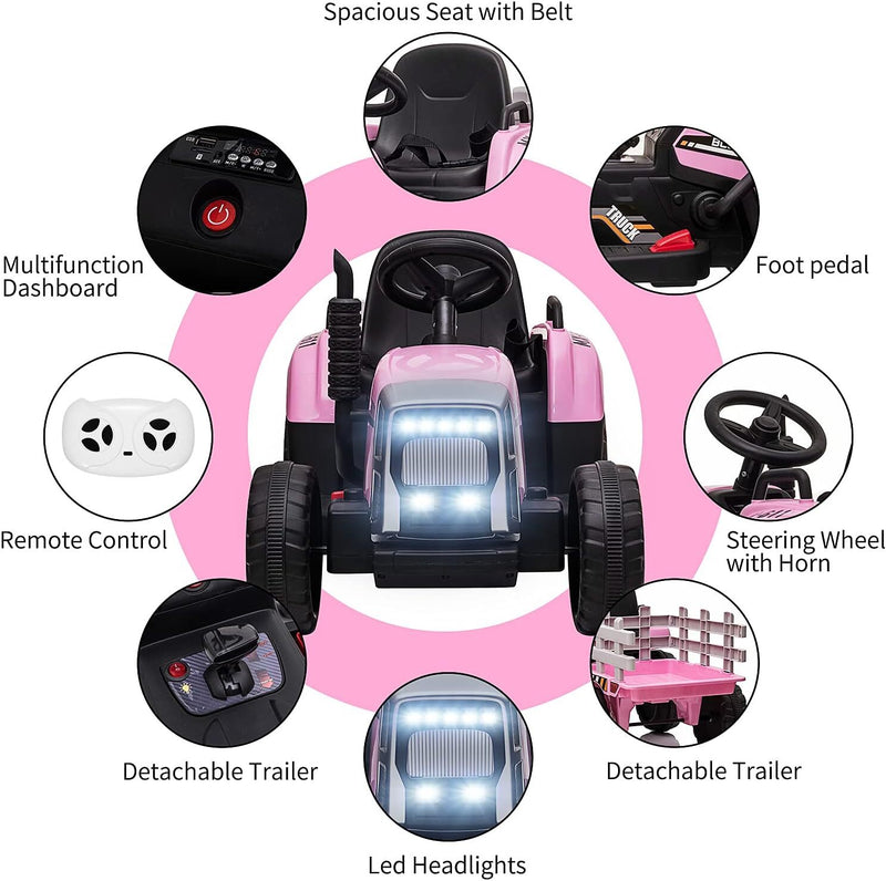 Kids Pink Ride-On Tractor Car with Trailer, Remote Control, and Headlights Magic Cars 3
