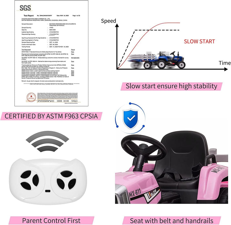 Kids Pink Ride-On Tractor Car with Trailer, Remote Control, and Headlights Magic Cars 5