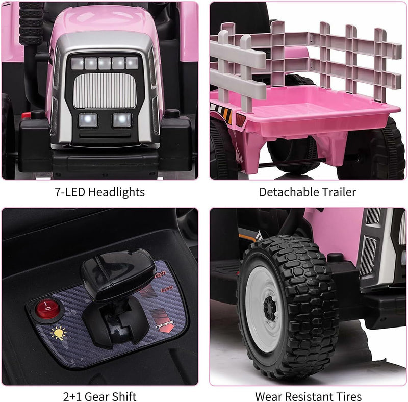 Kids Pink Ride-On Tractor Car with Trailer, Remote Control, and Headlights Magic Cars 6