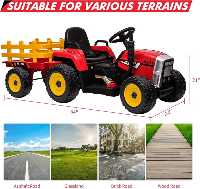 Kids Red Ride-On Tractor with Trailer, Remote Control, and Headlights Magic Cars 1