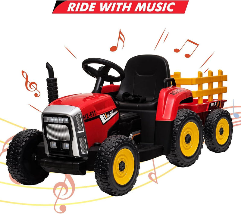 Kids Red Ride-On Tractor with Trailer, Remote Control, and Headlights Magic Cars 3