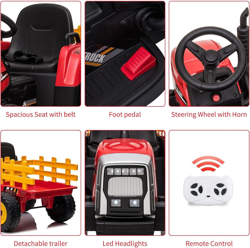 Kids Red Ride-On Tractor with Trailer, Remote Control, and Headlights Magic Cars 4