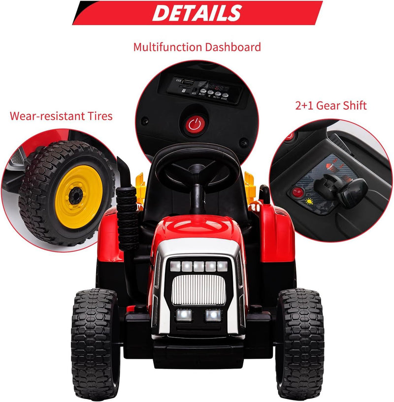 Kids Red Ride-On Tractor with Trailer, Remote Control, and Headlights Magic Cars 5