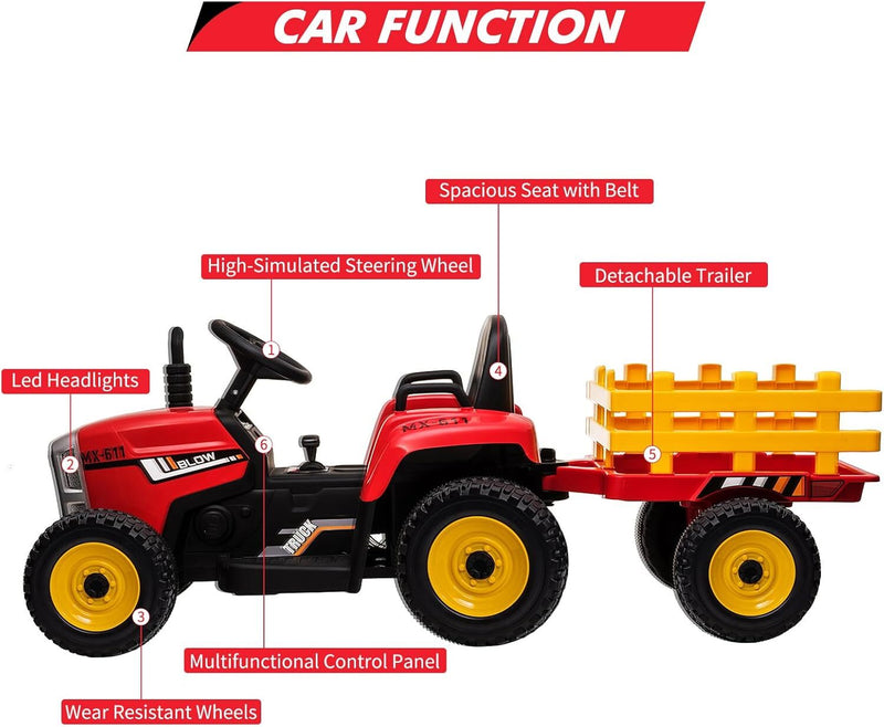 Kids Red Ride-On Tractor with Trailer, Remote Control, and Headlights Magic Cars 6