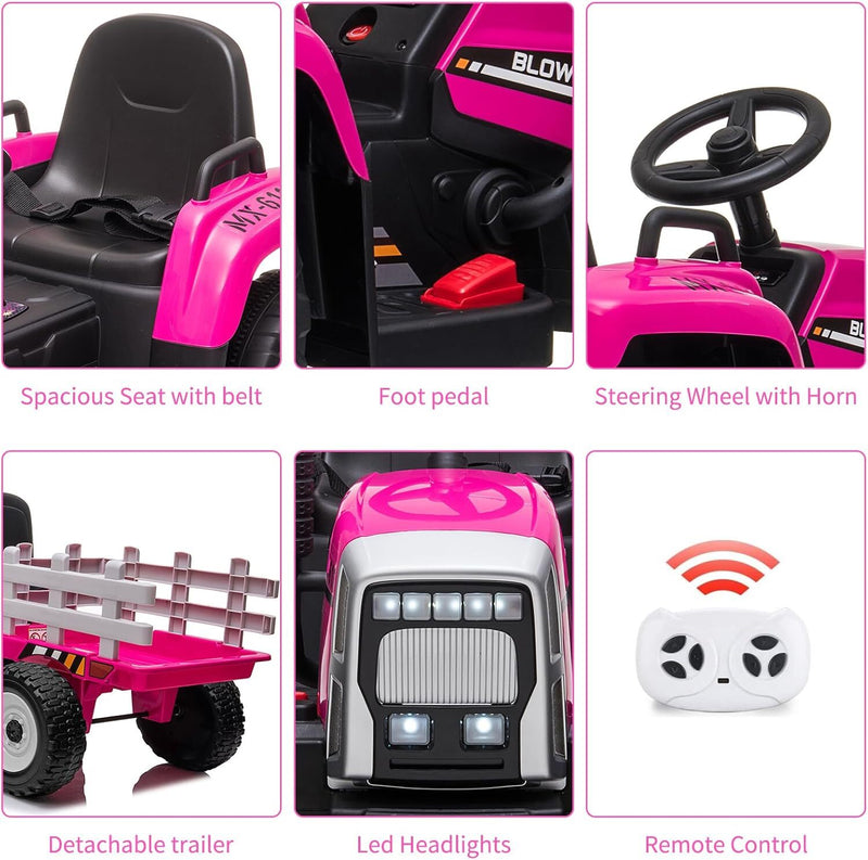 Kids Ride-On Tractor with Trailer, Remote Control, and Headlights – Rose Magic Cars 4