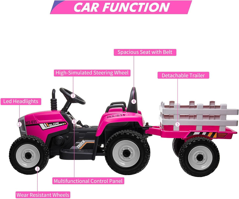 Kids Ride-On Tractor with Trailer, Remote Control, and Headlights – Rose Magic Cars 6