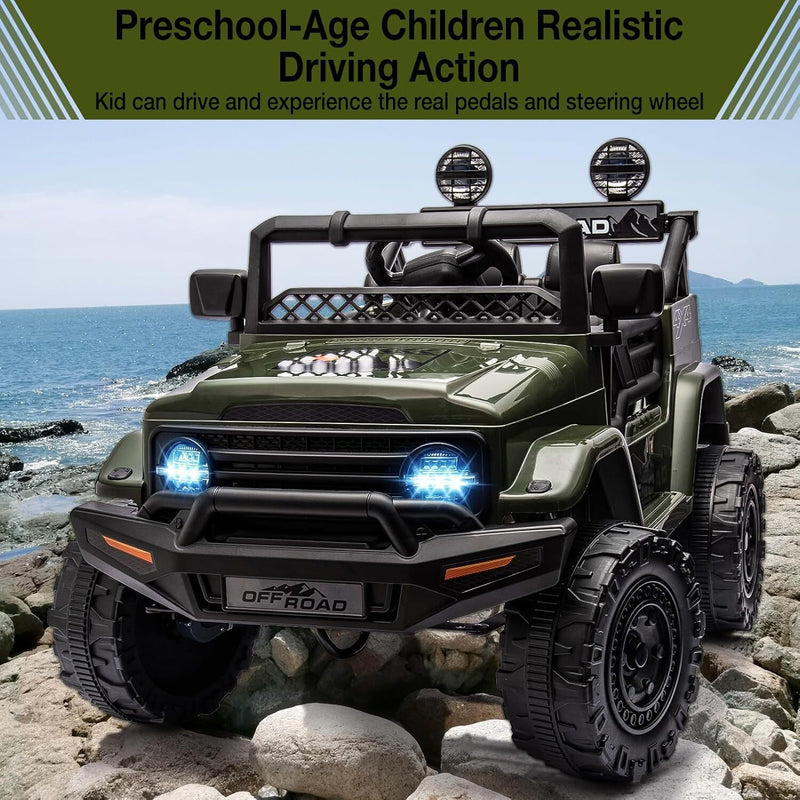 Remote Control Ride-On Truck with Spring Suspension for Kids Ages 3-8 Green Magic Cars 3