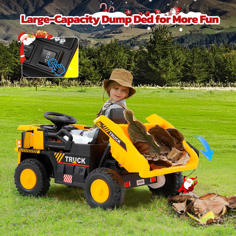 12V Kids Ride-On Dump Truck with Shovel and Functional Dump Bed Toy Magic Cars 2