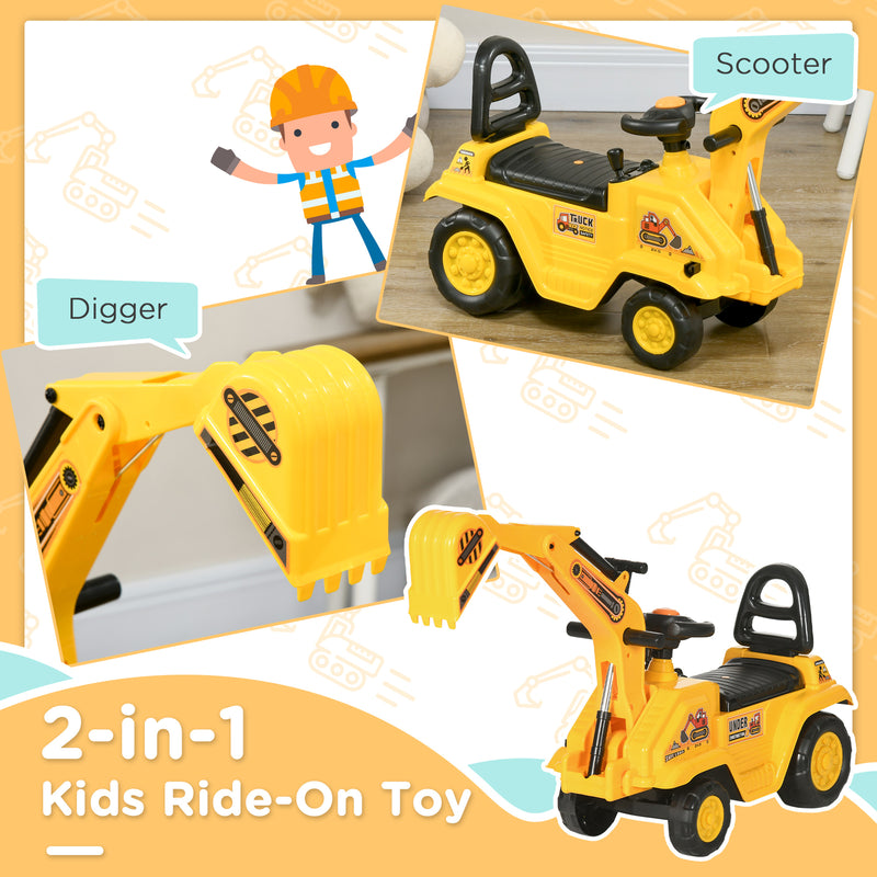 Kids Ride-On Excavator Truck with Pull Cart, Horn, and Under-Seat Storage Magic Cars 3