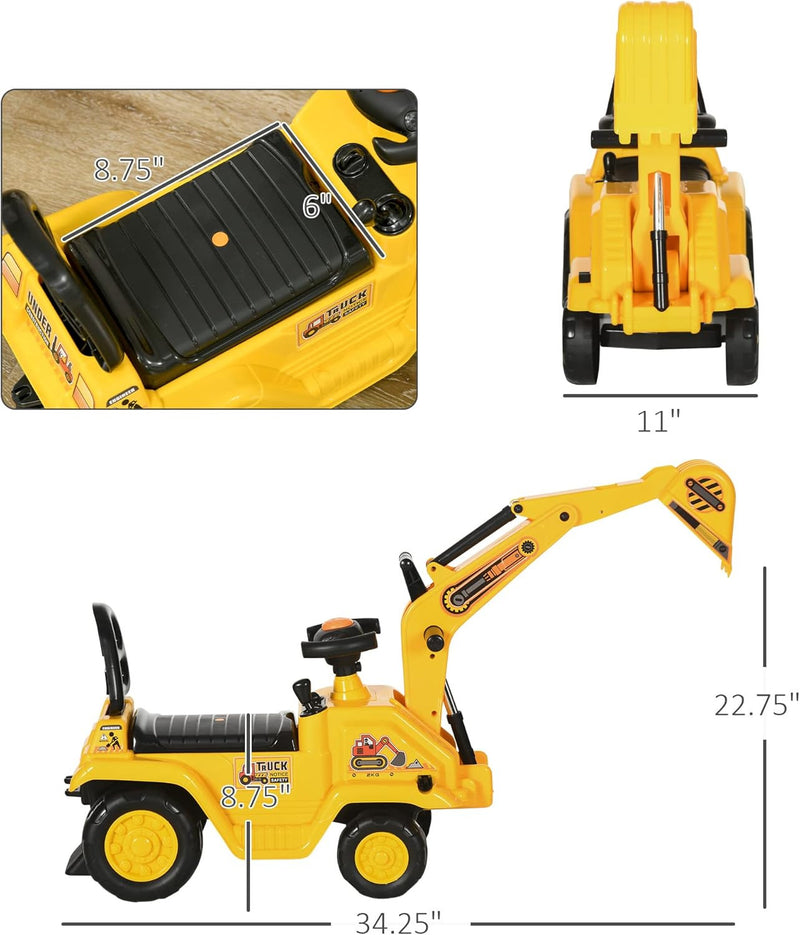 Kids Ride-On Excavator Truck with Pull Cart, Horn, and Under-Seat Storage Magic Cars 4