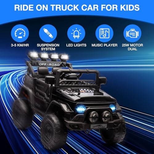 12V Electric Ride-On Truck with Remote Control, 3 Speeds, LED Lights, Black Magic Cars 4