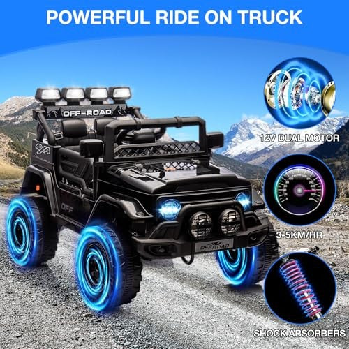 12V Electric Ride-On Truck with Remote Control, 3 Speeds, LED Lights, Black Magic Cars 7