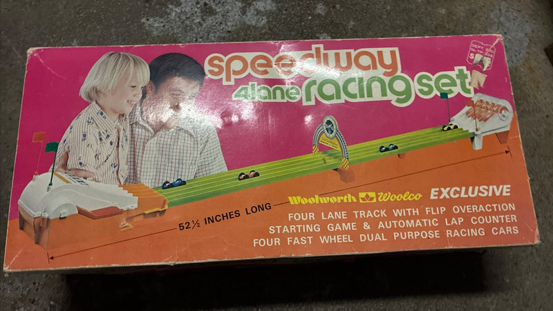 Vintage 4-Lane Speedway Racing Set with Original Box, Used Condition