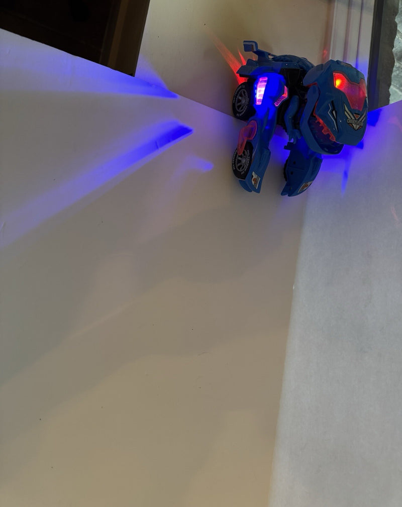 Mechanical Transforming Dinosaur Car Toy with LED Lights and Sound in Blue and Red