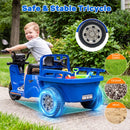 3-Wheel 12V Kids Motorcycle with Trailer, Shovel, Dual 75W Motors, and Music
