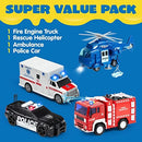 JOYIN Rescue Vehicle Playset - Fire Truck, Ambulance, Police Car, Helicopter