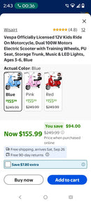Wisairt 12V Blue Vespa-Inspired Ride-On Scooter for Kids
