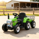 12V Green Electric Tractor with Trailer, Remote Control, Music, and Lights