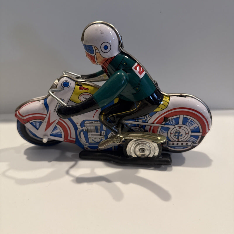 Vintage 1970s Mechanical Wind-Up Tin Toy Motorcycle