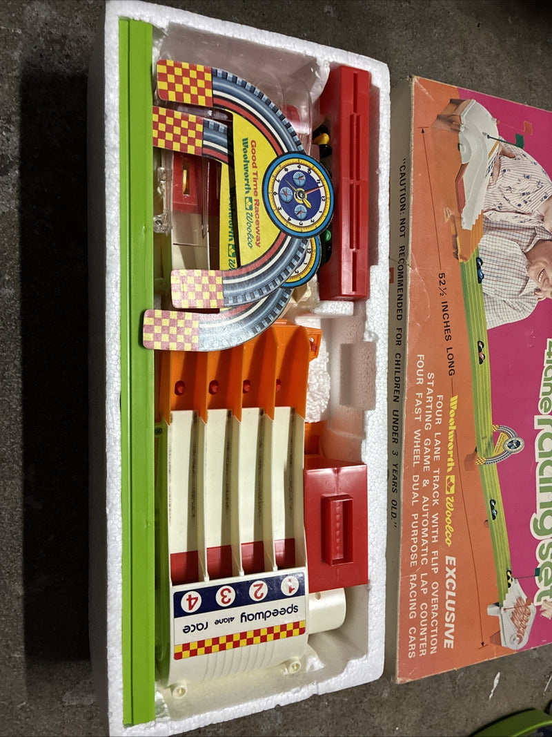 Vintage 4-Lane Speedway Racing Set with Original Box, Used Condition