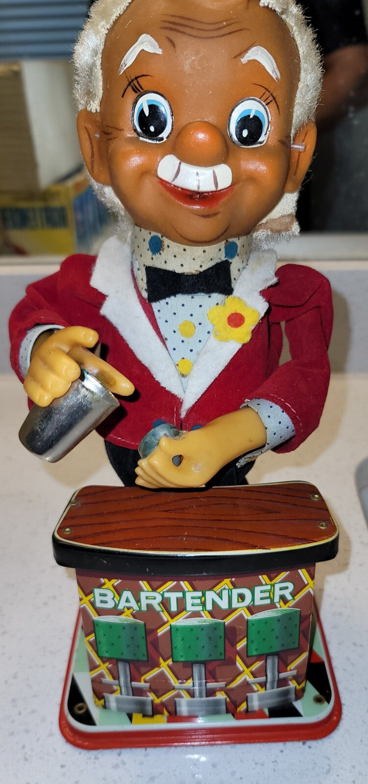 Battery-Operated Mechanical Tin Bartender Toy with Working Smoke and Dark Skin Design